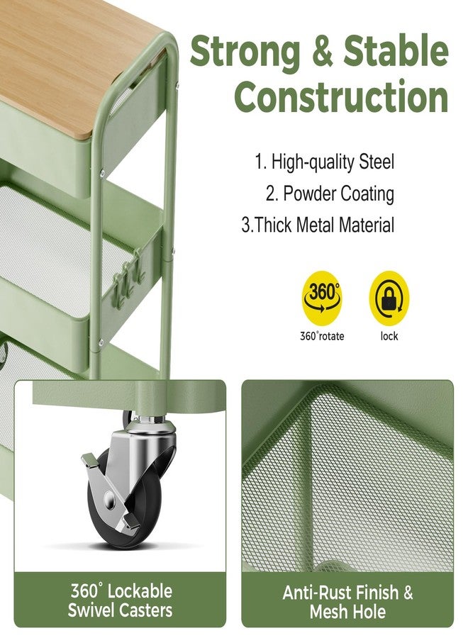 johgee 3 Tier Rolling Cart with Table top, Metal Rolling Utility Cart, Sturdy Storage Organizer Cart with Locking Wheels & Hooks for Office, Classroom, Kitchen and Bathroom - Image 2